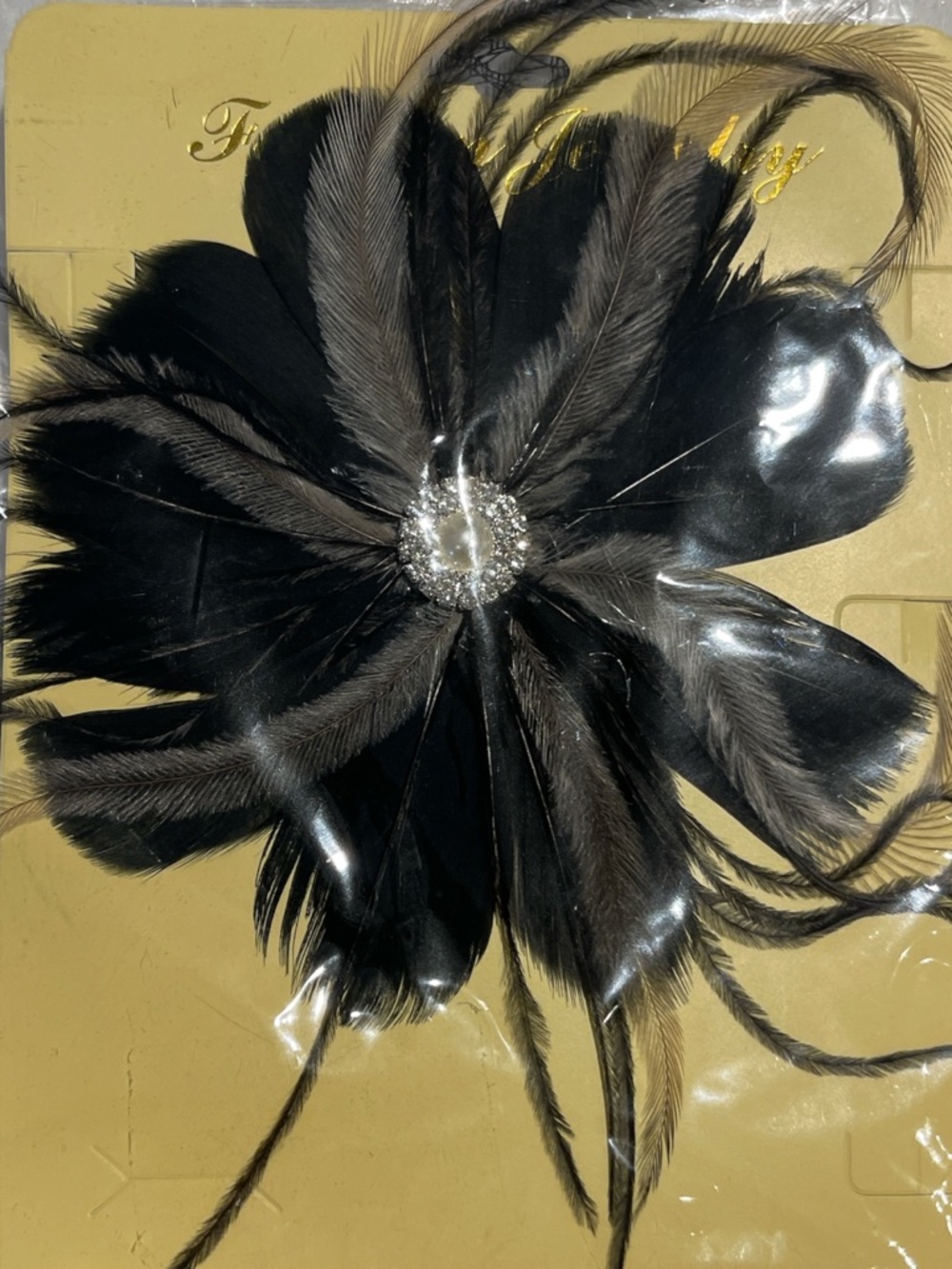 Feather Flower Hair Clip fascinator with Rhinestone Center - Black -